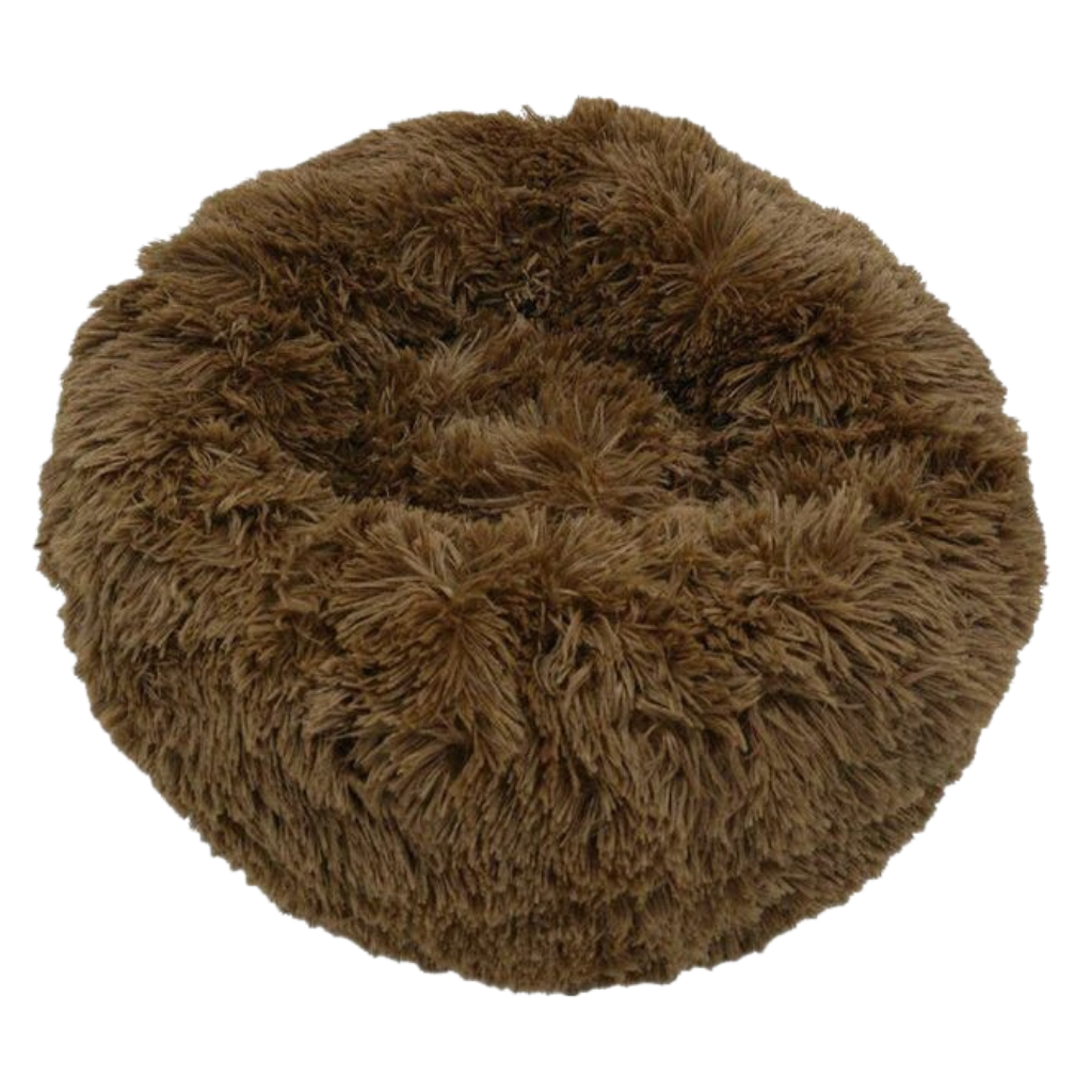 Couchage para animais de estimação Aobuchunpin, almofada de pelúcia cinza em forma de donut para pets, confortável e macia.