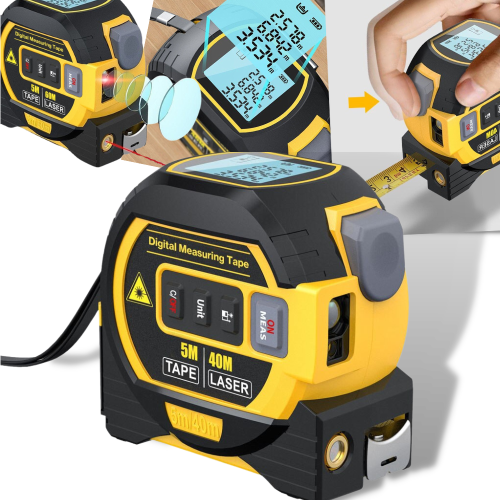 Mètre à ruban laser 3-en-1 Aofu avec affichage numérique, détecteur bleu, outil de mesure précis pour bricolage et construction