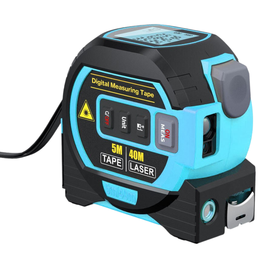 Mètre à ruban laser 3-en-1 Aofu, outil de mesure bleu avec affichage numérique et détecteur intégré, 40m.