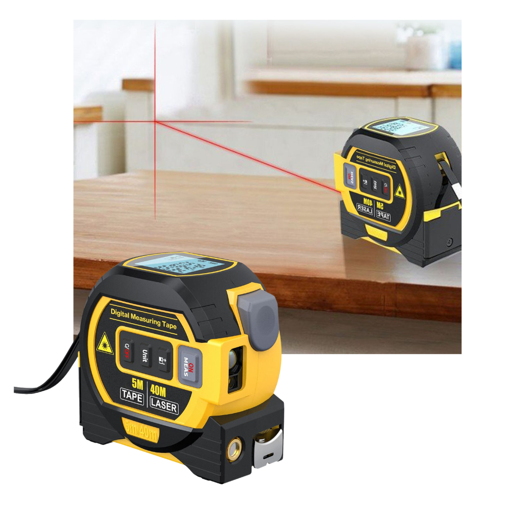 Mètre à ruban laser 3-en-1 Aofu, outil de mesure bleu avec détecteur, affichage numérique et portée de 40m.