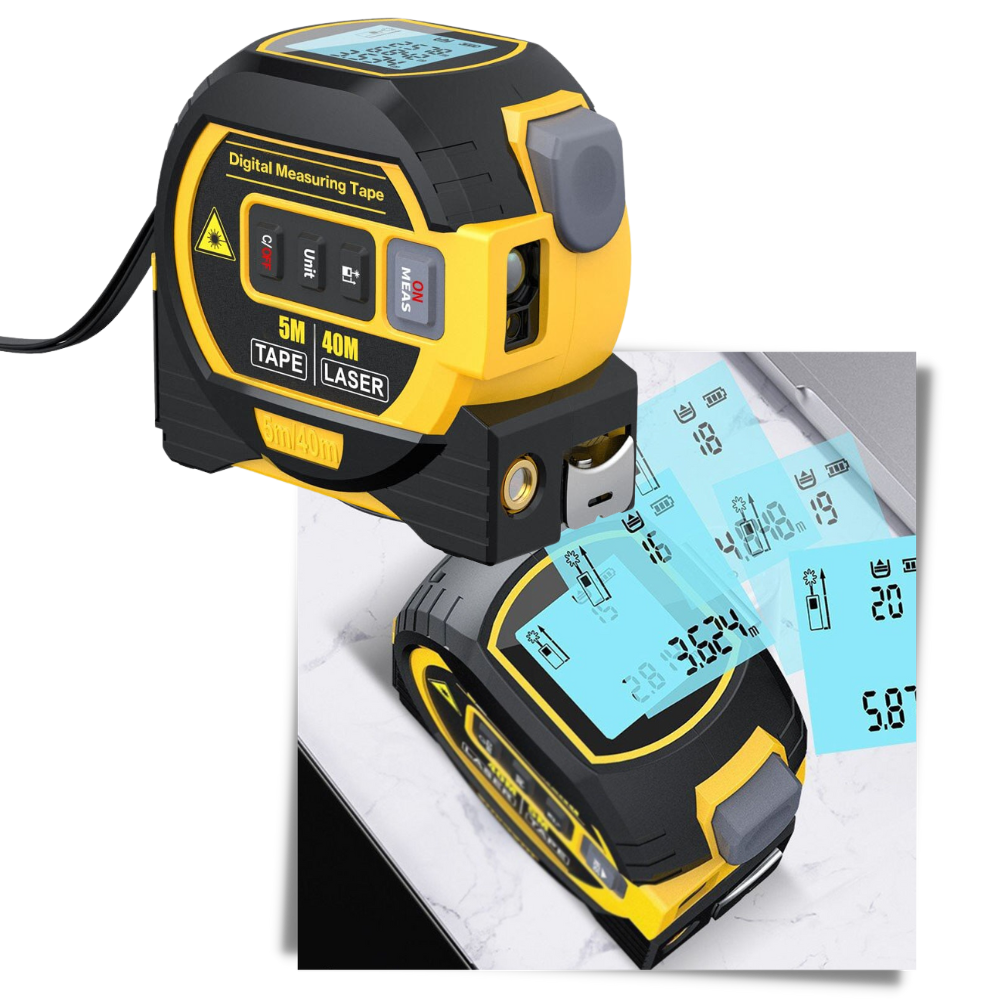Mètre à ruban laser 3-en-1 Aofu, outil de mesure bleu avec affichage numérique et détecteur intégré, 40m.