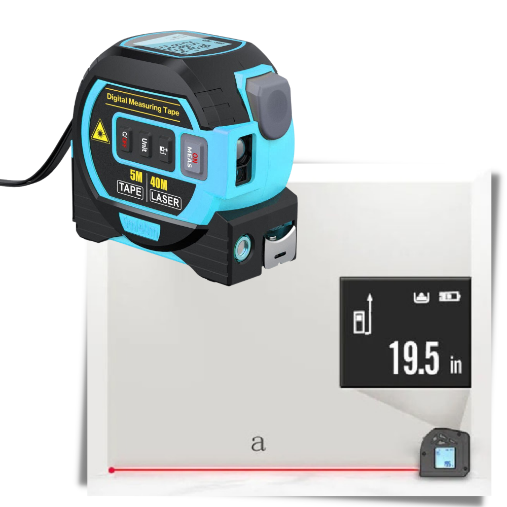 Mètre à ruban laser 3-en-1 Aofu, outil de mesure bleu avec affichage numérique et détecteur intégré, pour travaux précis.