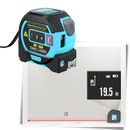 Mètre à ruban laser 3-en-1 Aofu, outil de mesure bleu avec affichage numérique et détecteur intégré, pour travaux précis.