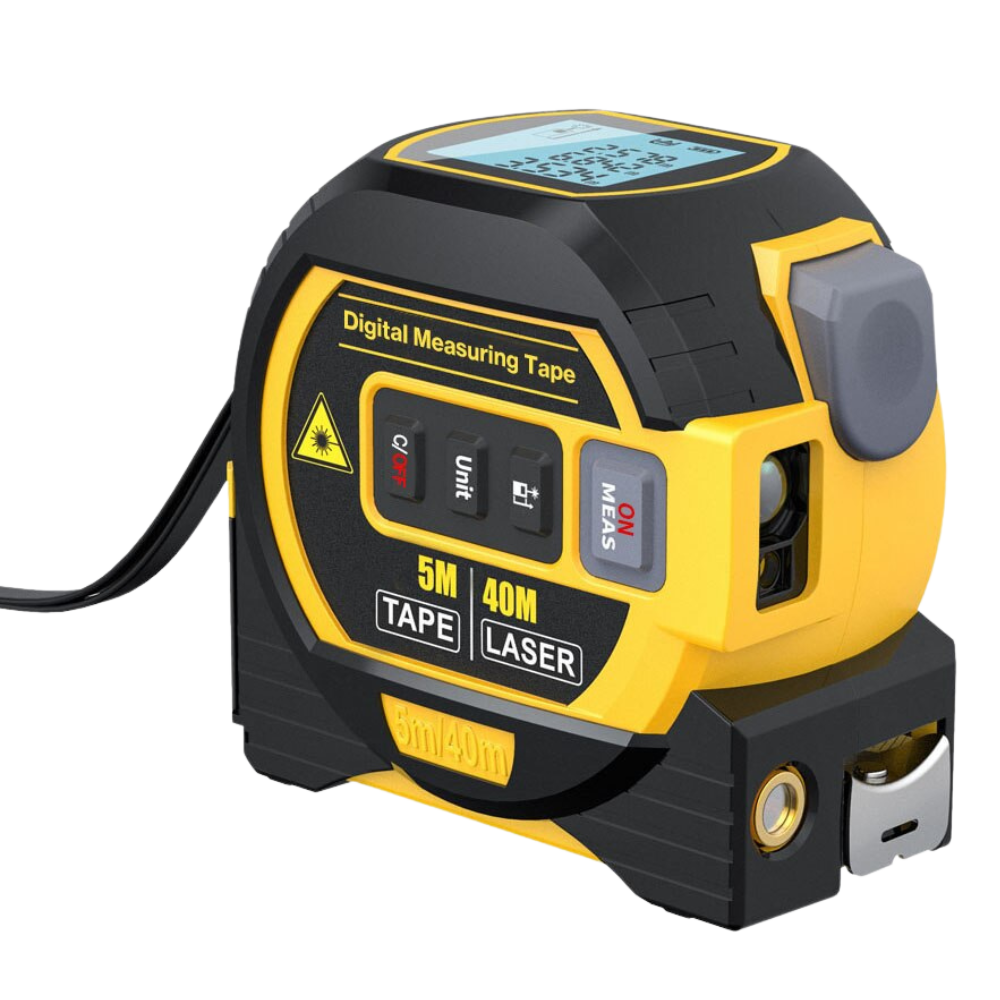 Mètre à ruban laser 3-en-1 Aofu, outil de mesure digital avec écran, détecteur et limiteur, en couleur bleue.