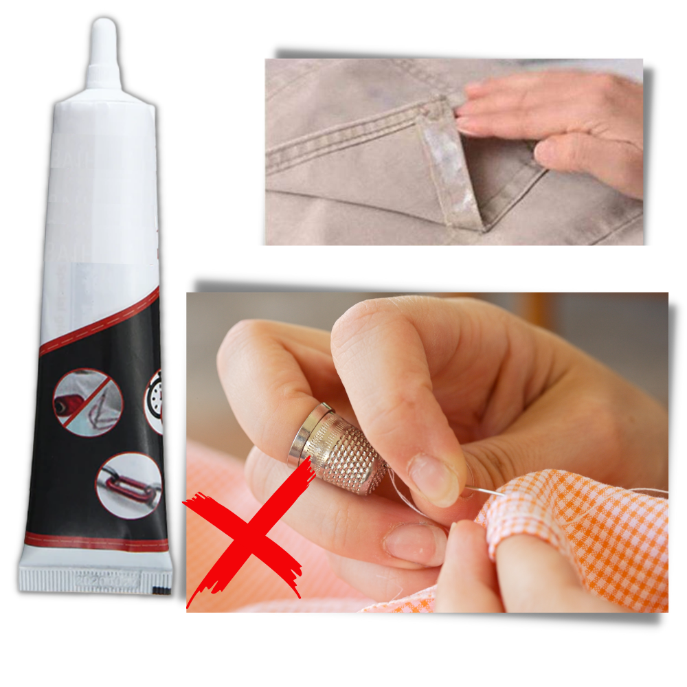 Cola de reparação para tecidos Aomeily, ideal para projetos de artesanato e costura, com tubo de aplicação fácil.