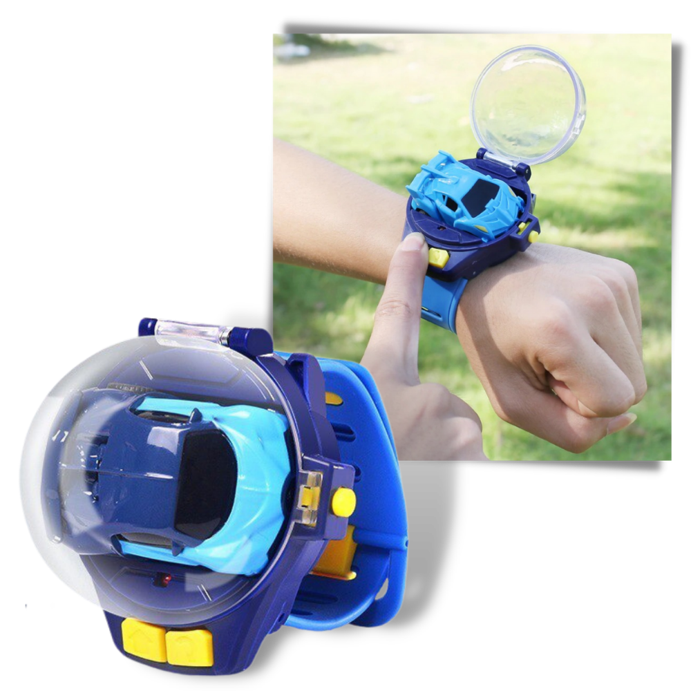 Veículo de jogo azul da Apmemiss, montre voiture télécommandée rechargável, com detalhes de carro de controle remoto.