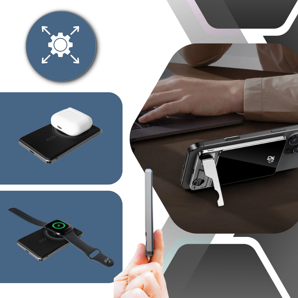 Bateria externa magnética fina Leshp para dispositivos Apple, com design leve e compatível com carregamento sem fio.