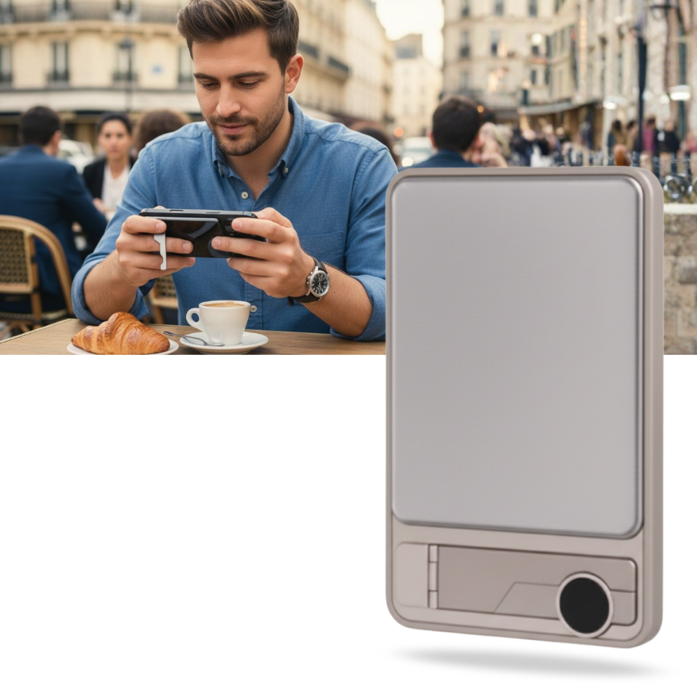 Bateria externa magnética fina Leshp compatível com dispositivos Apple, mostrando sua superfície elegante e design compacto.