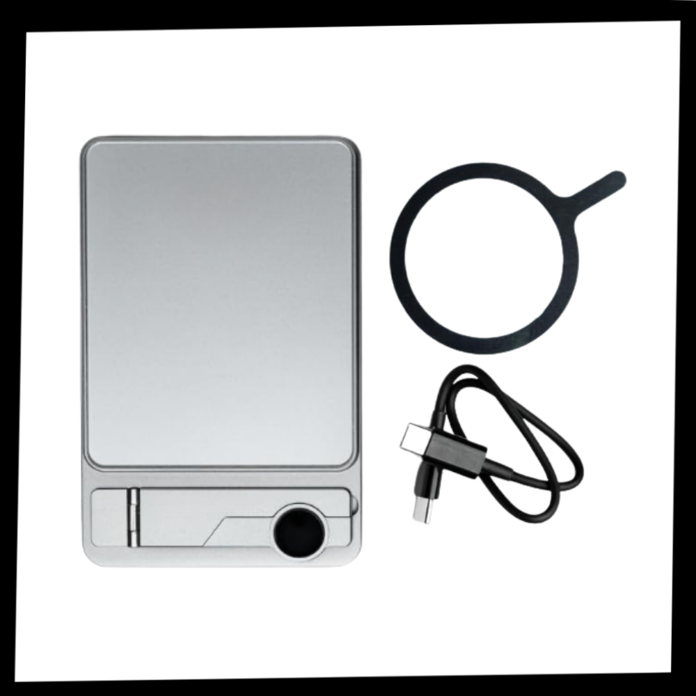 Bateria externa magnética fina Leshp compatível com Apple, mostrada na embalagem com design compacto e leve.