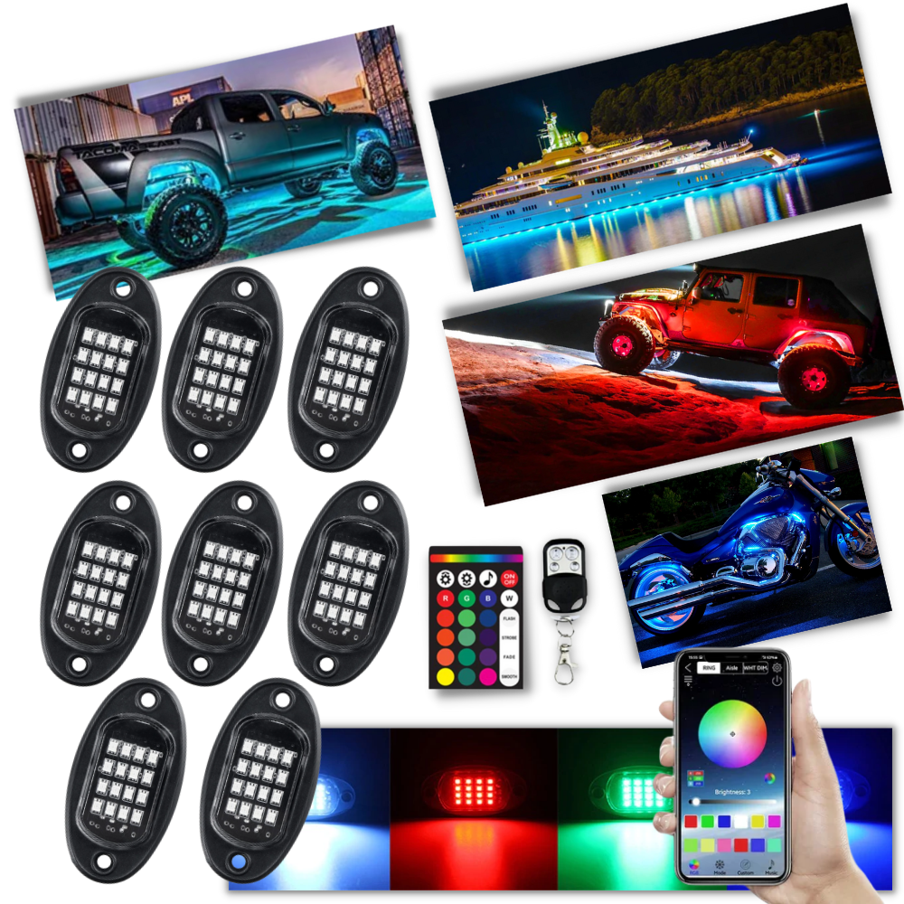 Conjunto de 8 luzes RGB para veículos da marca Appletree, peças de reposição para iluminação automotiva.