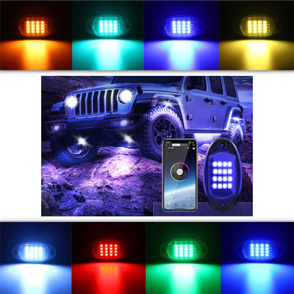 Conjunto de 8 luzes LED RGB para veículos, peças de reposição automotivas da marca Appletree, visíveis na imagem.