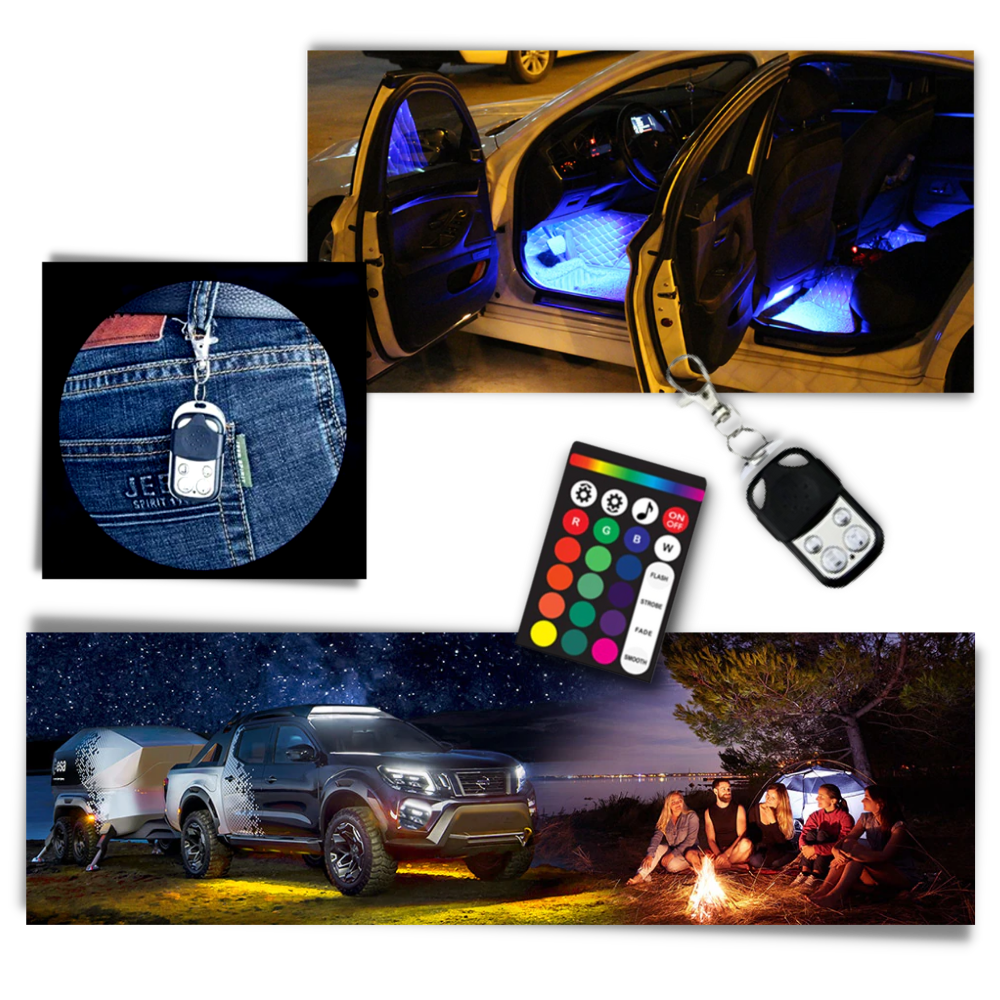 Conjunto de 8 luzes RVB para veículos da marca Appletree, peças de reposição automotivas com iluminação colorida.
