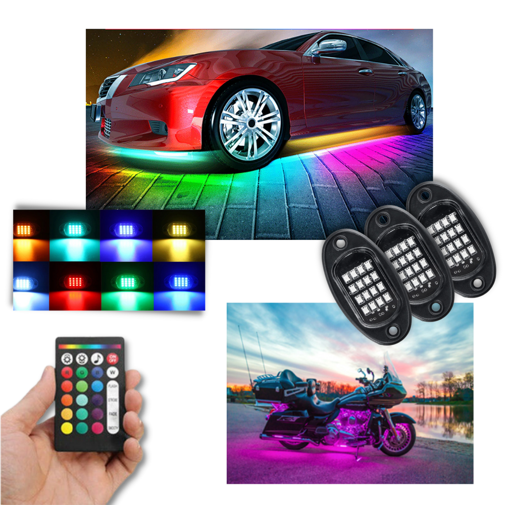 Conjunto de 8 luzes RGB para veículos da marca Appletree, peças de reposição para carros com iluminação colorida.