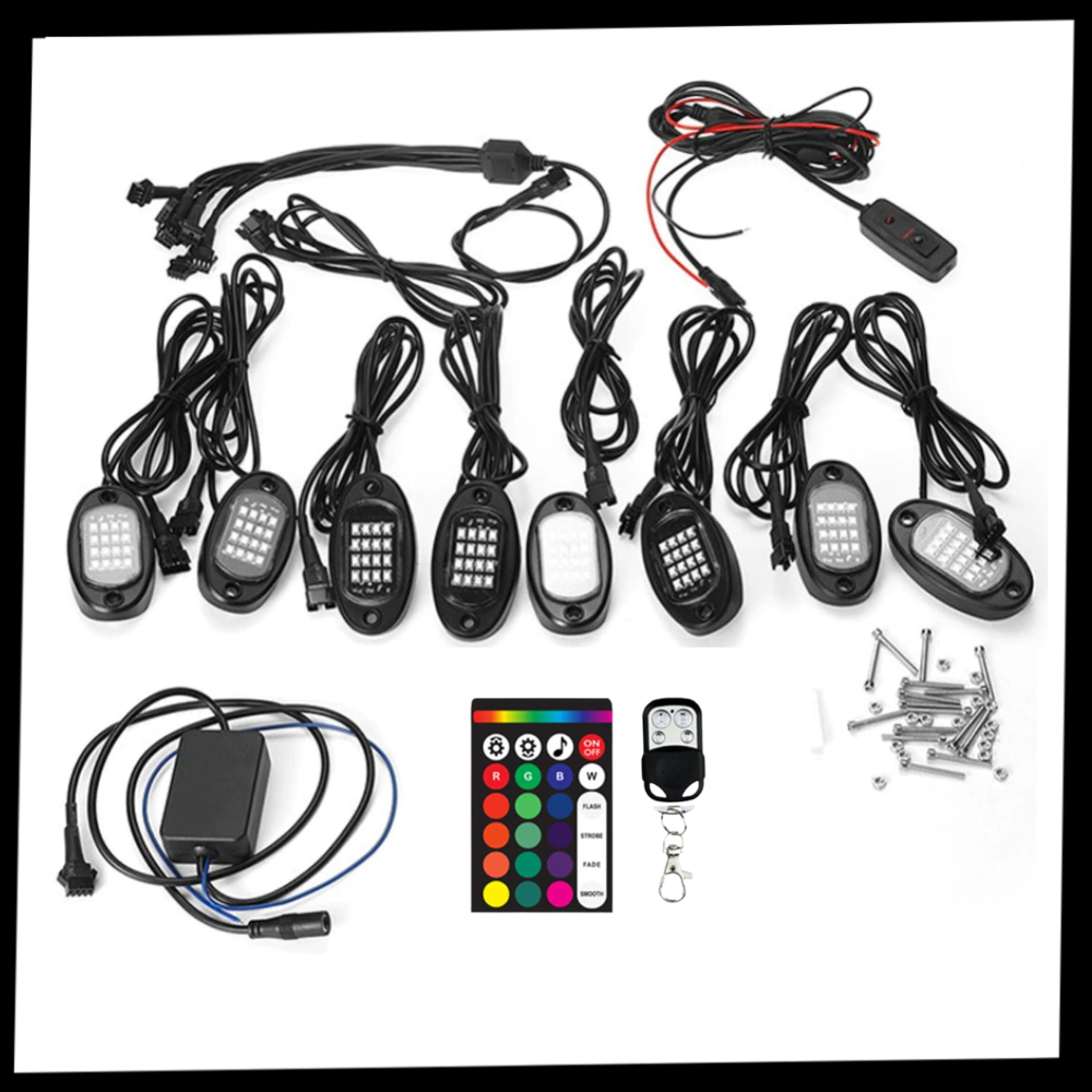 Conjunto de 8 luzes RGB para veículos da marca Appletree, peças de reposição automotivas com iluminação colorida.
