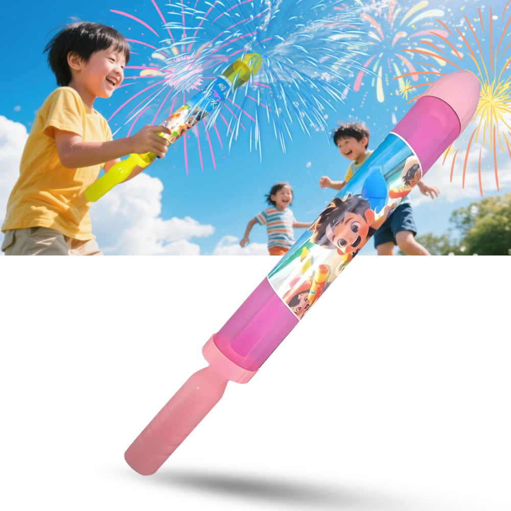 Pistola d'água efeito fogo de artifício da marca Ar Toy para jogos ao ar livre, disparando jatos de água coloridos.