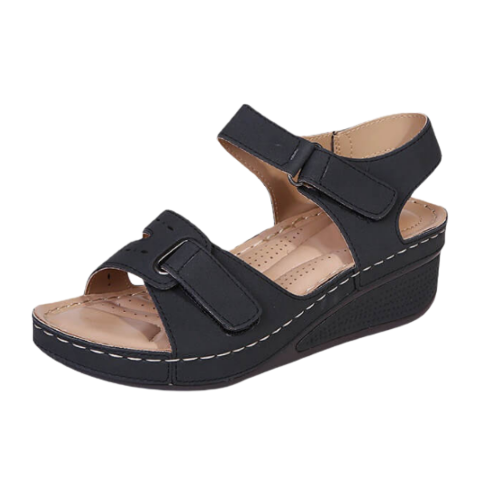 Sandálias ortopédicas femininas com suporte de arco para alívio das dores nas costas, modelo preto da marca Xisheep.