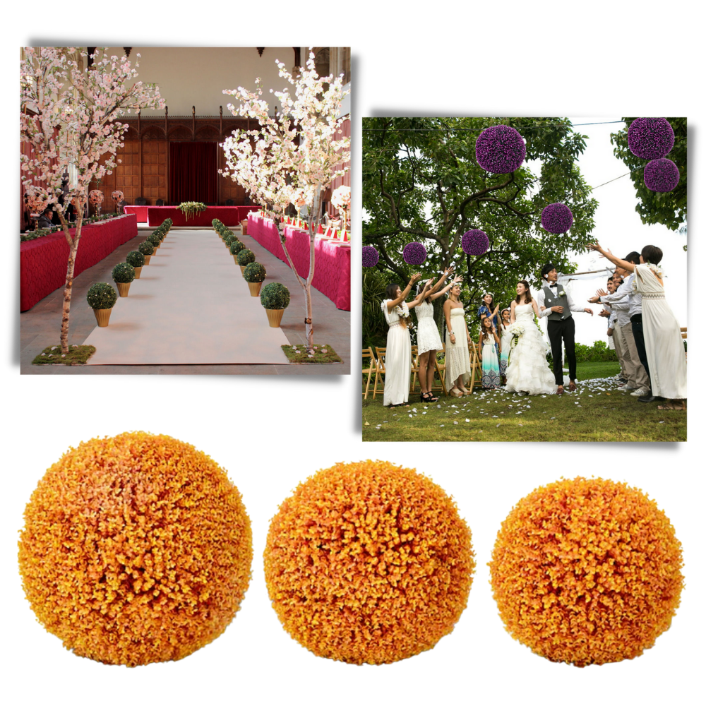 Bolas de topiária de grama artificial da marca Asia, usadas como decoração com flores e plantas artificiais.