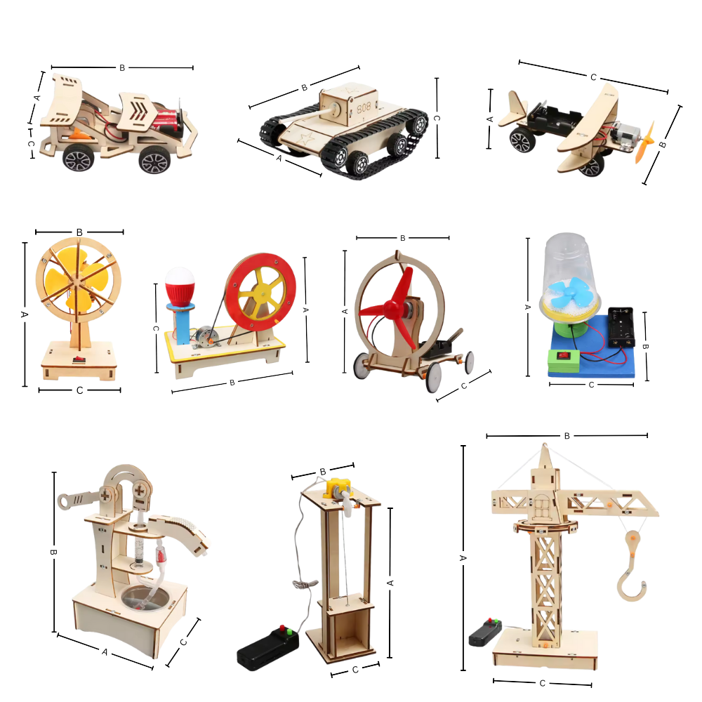 Brinquedo de construção em madeira para aprendizagem educativa, mostrando peças para montar e montar brinquedo de ciência.