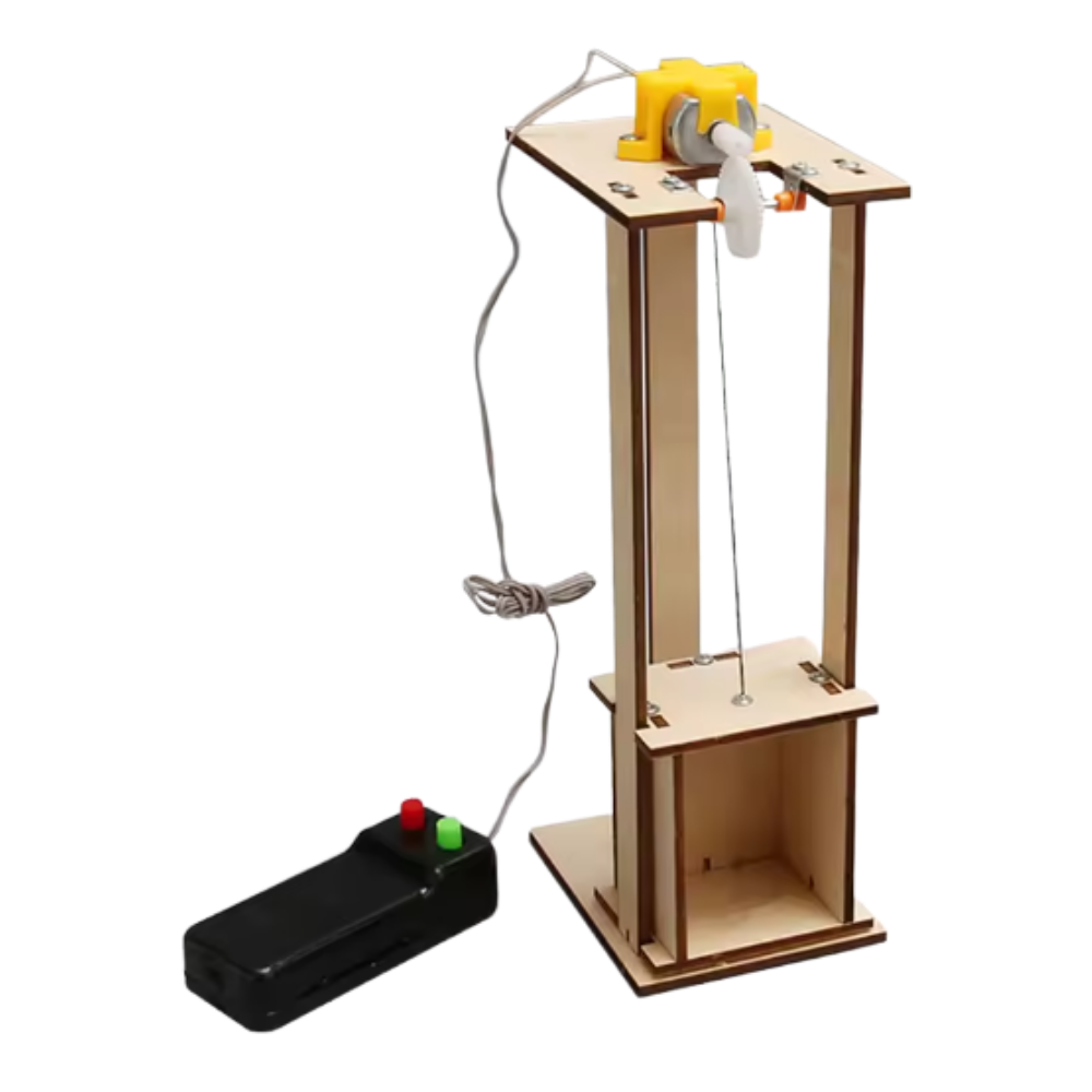 Brinquedo educativo de construção em madeira para montar, com elevador de ciência em detalhes.