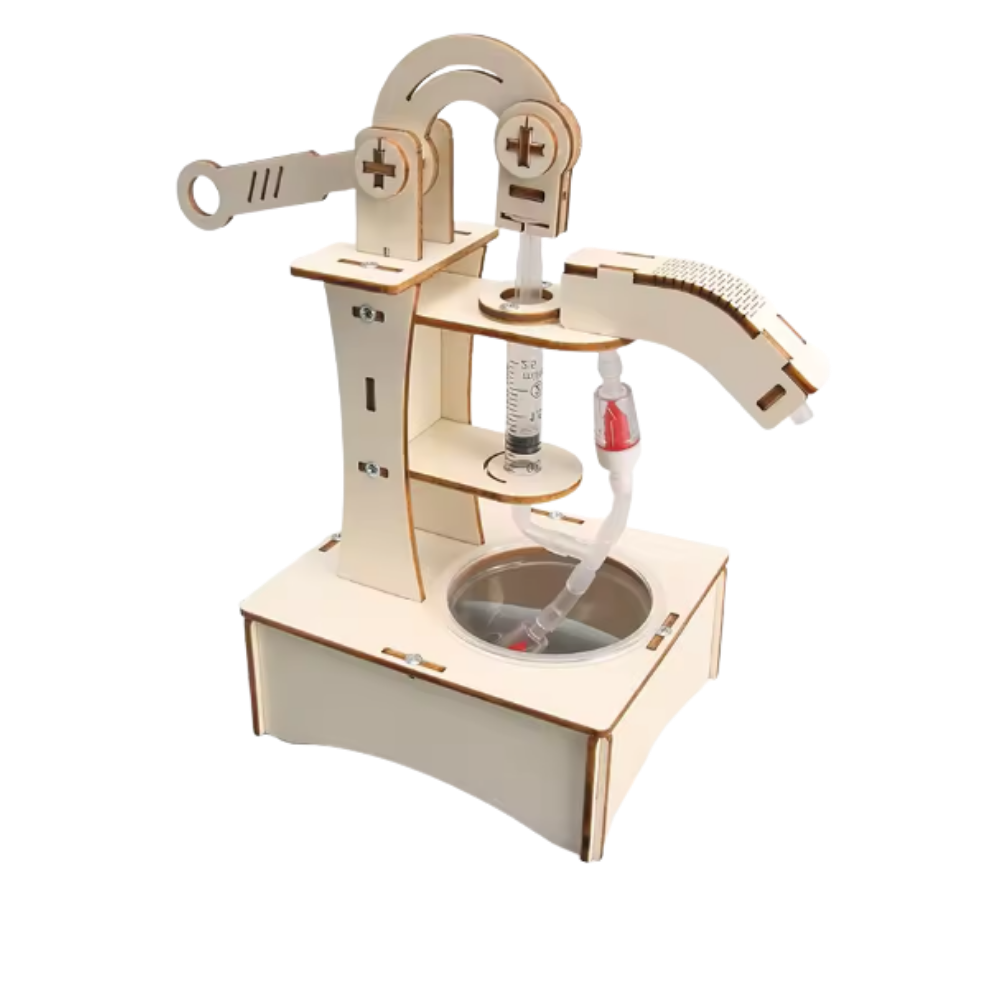 Brinquedo de construção em madeira para aprendizado com componentes hidráulicos, ideal para brinquedos educativos e científicos.