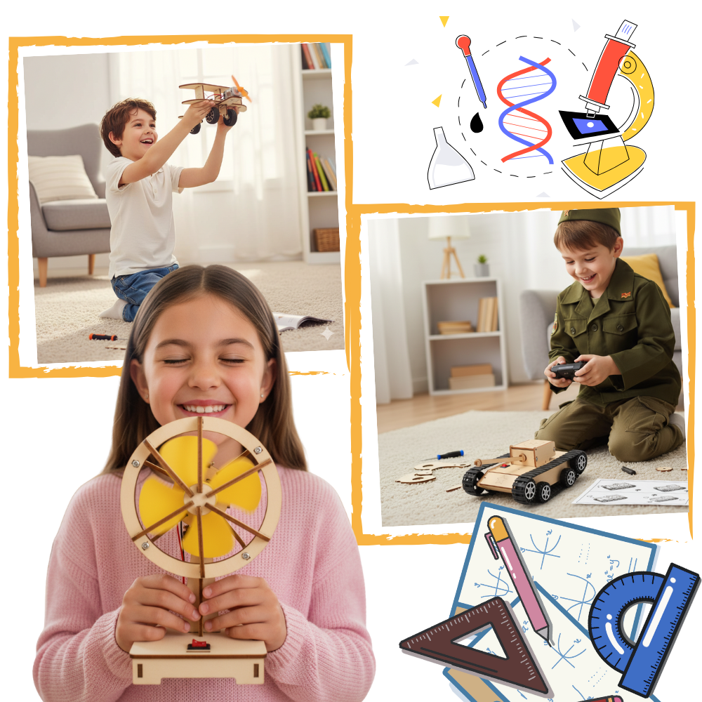 Brinquedo educativo de construção em madeira para aprendizagem, mostrando peças para montar e montar brinquedos científicos.