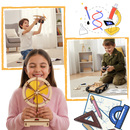 Brinquedo educativo de construção em madeira para aprendizagem, mostrando peças para montar e montar brinquedos científicos.