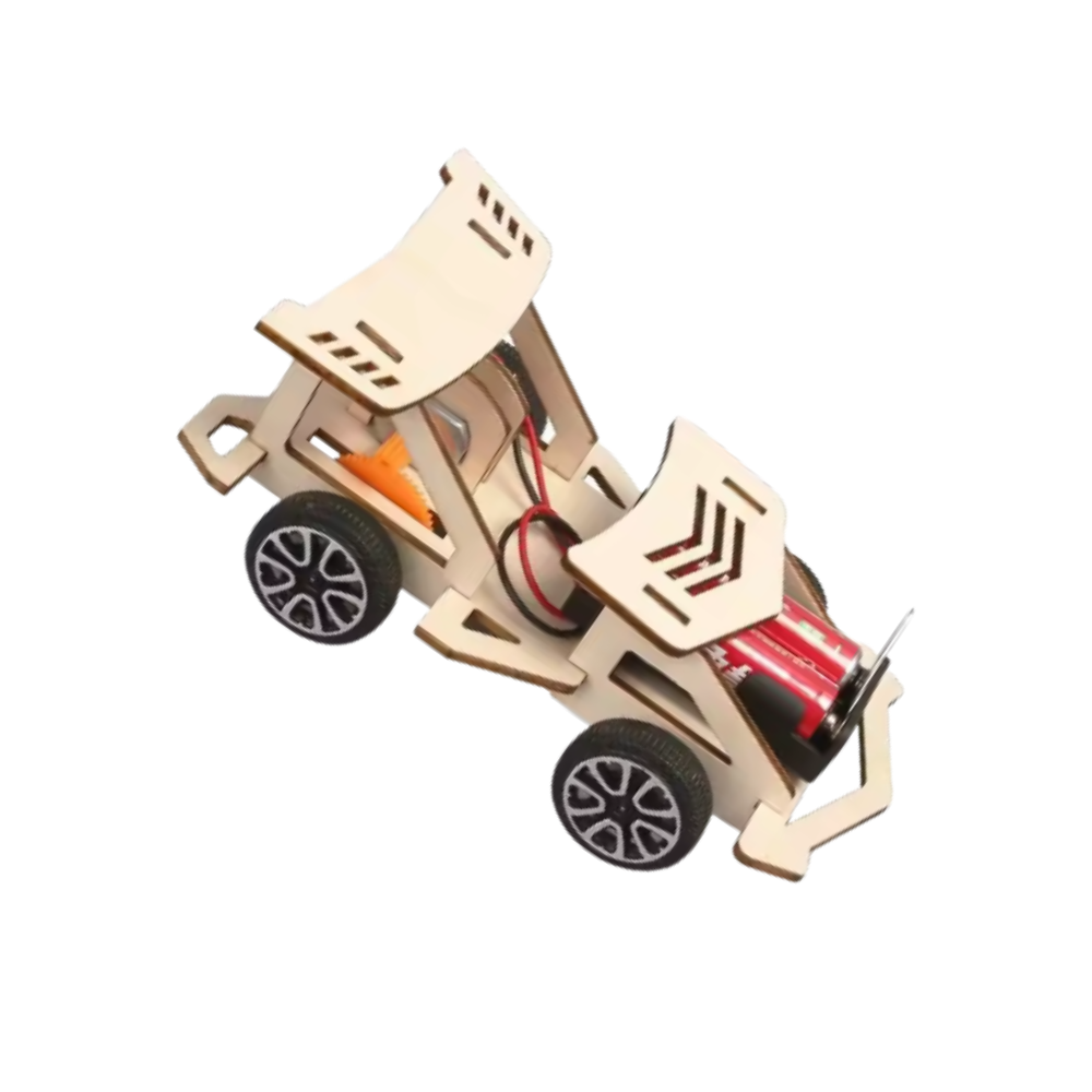 Brinquedo educativo de construção em madeira com carro de corrida, ideal para aprender e montar brinquedos científicos.
