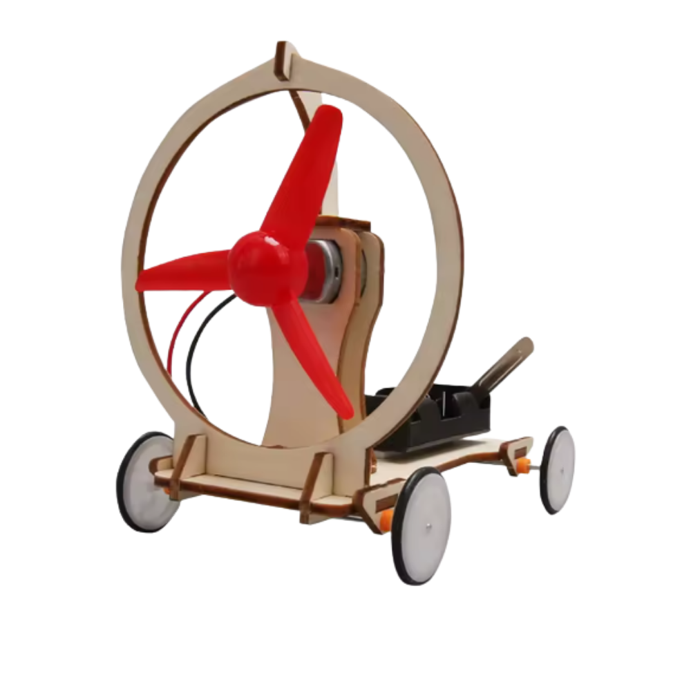 Brinquedo educativo de construção em madeira para montar, com carrinho de vento e peças para aprender ciência de forma divertida.