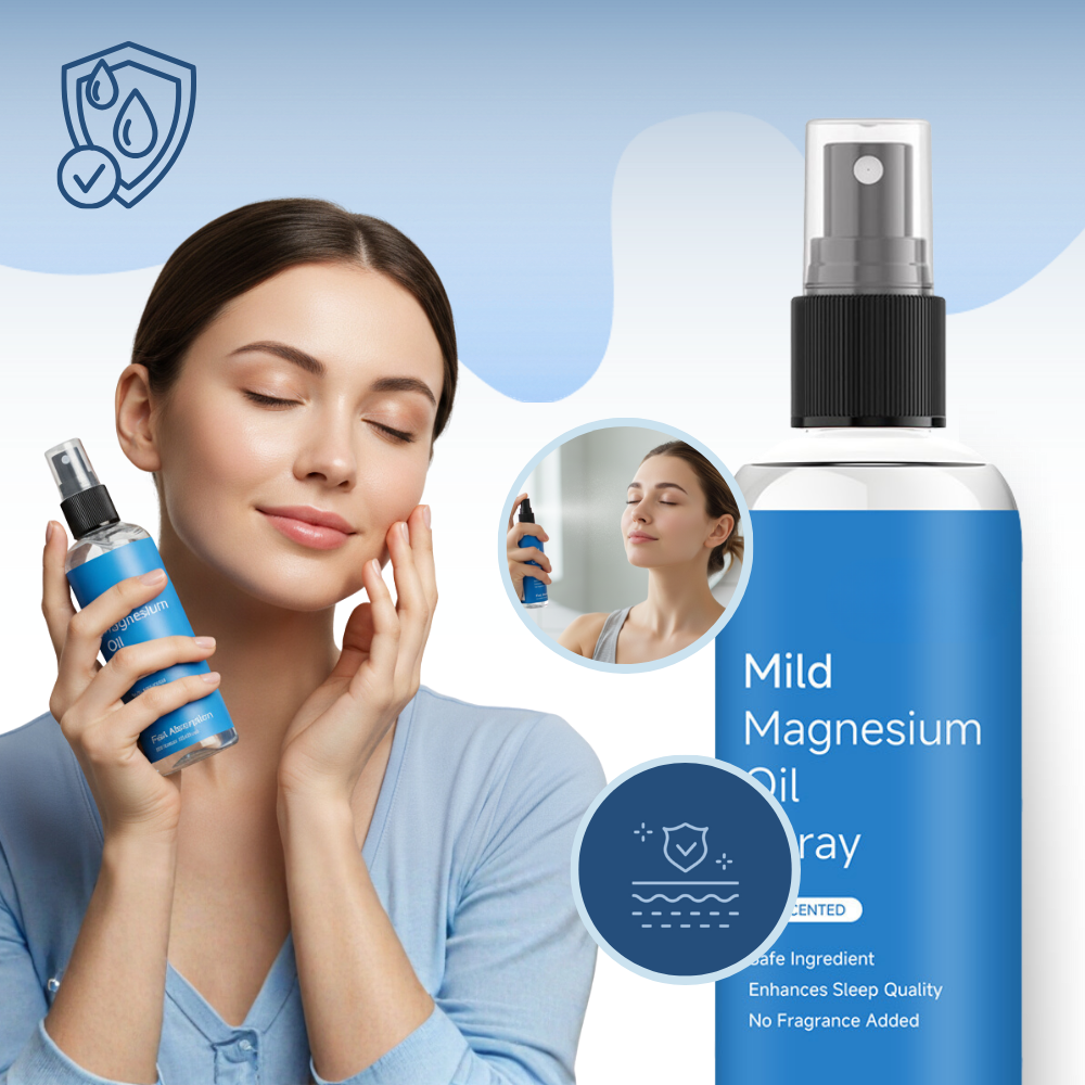 Spray relaxante de magnésio Asutra para fitness e nutrição, líquido transparente em frasco spray, uso para relaxamento muscular.