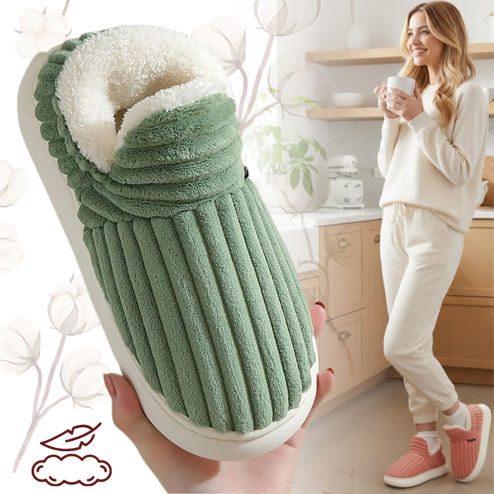 Pantuflas internas Audeban em pelúcia macia rosa, conforto e aconchego para pés quentinhos em casa.