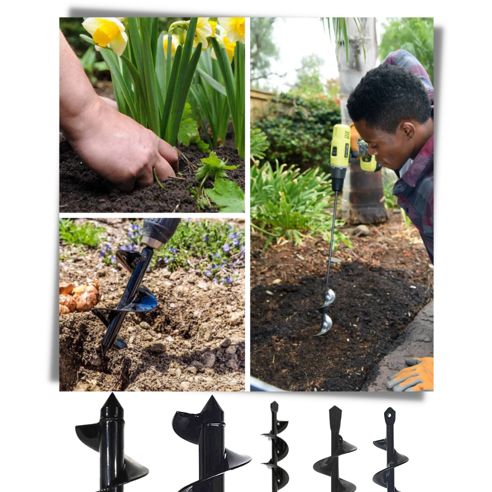 Percussor de jardim Auger Drill Bits com brocas de 4x22cm, ideal para tarefas de jardinagem e perfuração no solo.