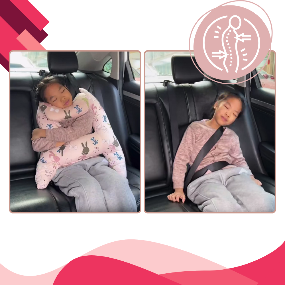 Almofada de viagem ergonômica da Ausyst, peça para automóveis e motos, com acabamento rosa e design confortável.