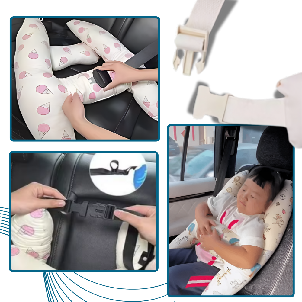 Almofada de viagem ergonômica da marca Ausyst, com acabamento em rosa, ideal para conforto durante viagens de automóveis e motos.