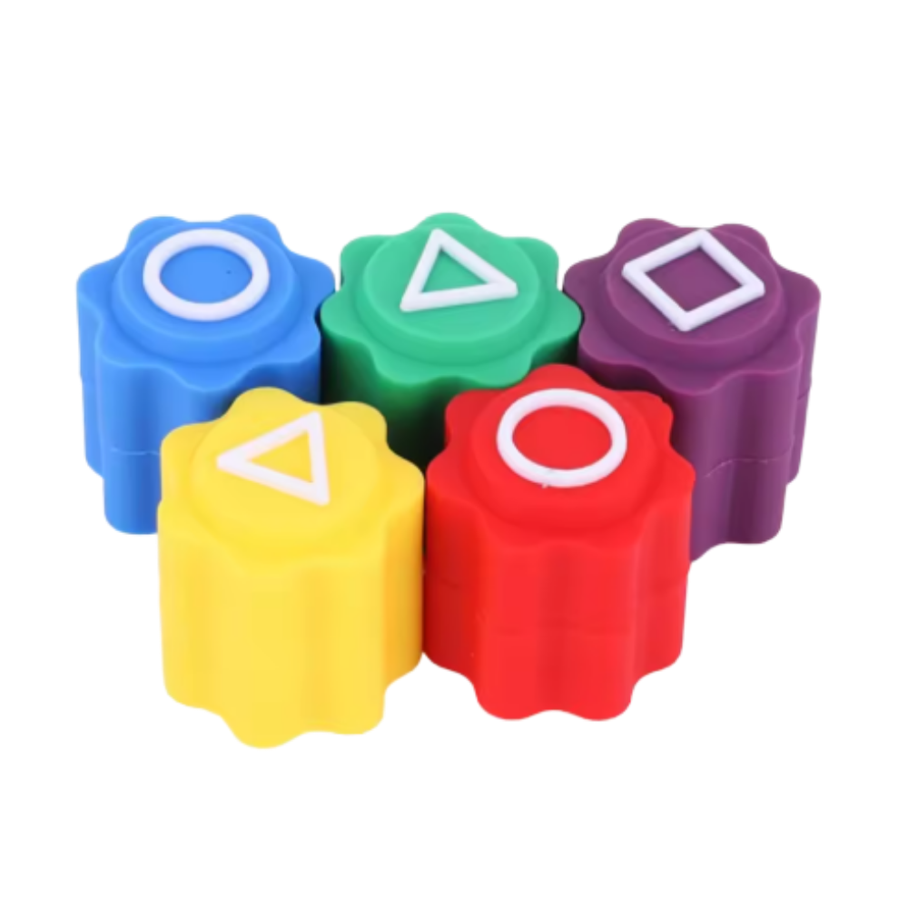 Conjunto de Gonggi com cinco pedras tradicionais de brinquedo da marca Hbrc Play, usado em jogos de coordenação e habilidade.