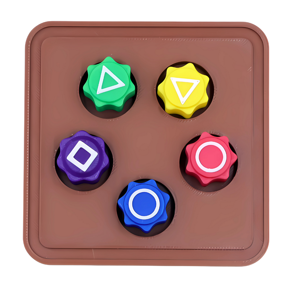Conjunto de Gonggi tradicional com 5 dados de plástico coloridos e base, brinquedo de jogos e diversão da Hbrc Play.