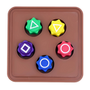 Conjunto de Gonggi tradicional com 5 dados de plástico coloridos e base, brinquedo de jogos e diversão da Hbrc Play.