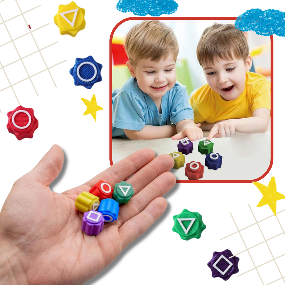 Conjunto de Gonggi, jogo tradicional de pegar pedras, com bolas coloridas da marca Hbrc Play em um estilo moderno.