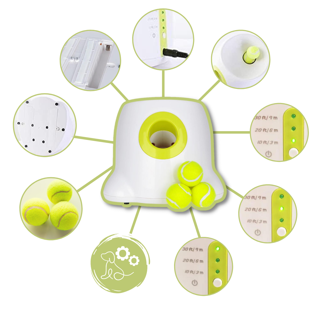 Lanceur de bolas automático para cães Valatala, mostrador com dimensões, acessório para diversão e exercícios caninos.