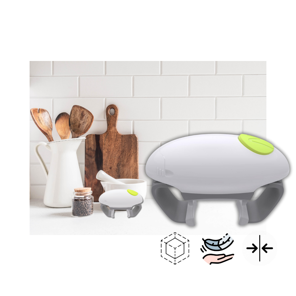 Abridor de pote elétrico automático VirgilSon, compacto e elegante, ideal para abrir potes de vidro com facilidade na cozinha.