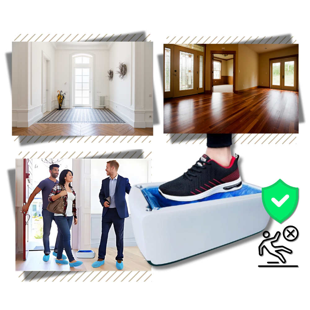 Distributeur automático de capa de proteção para sapatos Trayknick, mostrando o dispositivo de segurança para cobertura de calçados