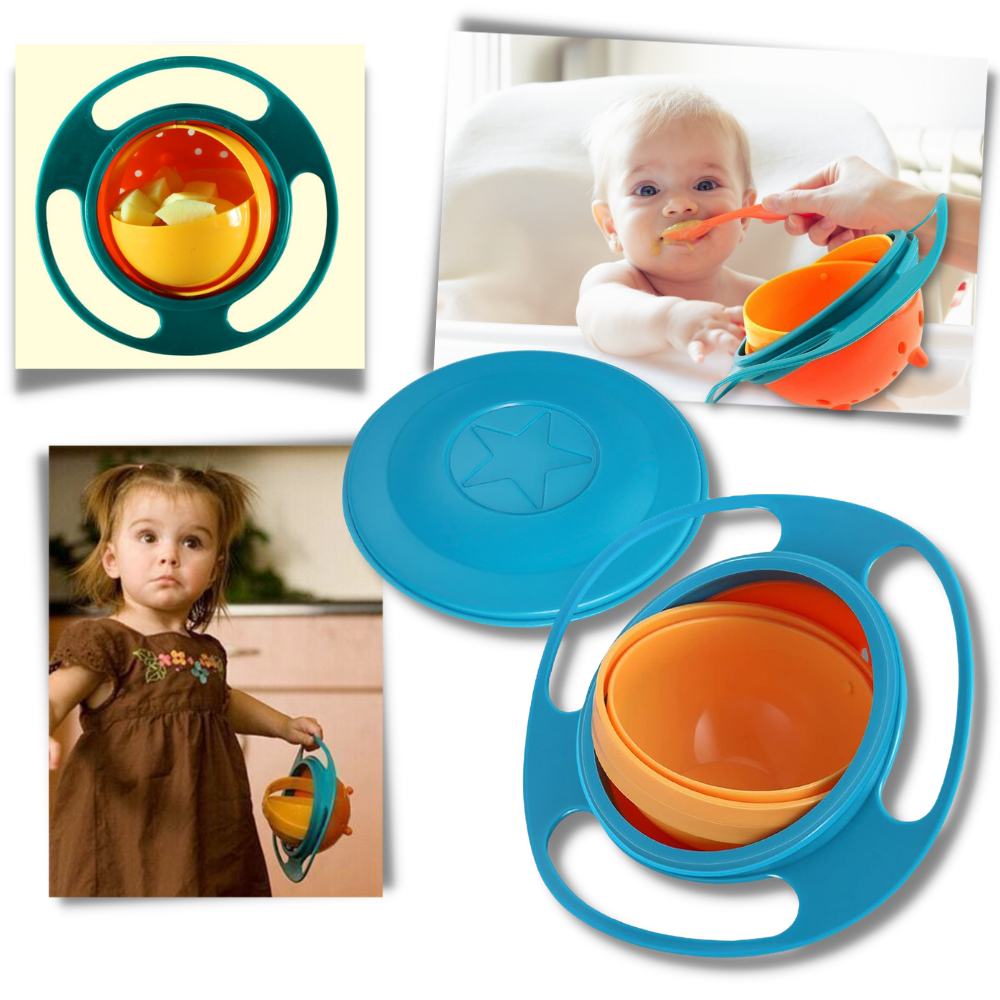 Tigela com design universal giratória para bebês, marca Nont, com tampa e bico para facilitar alimentação infantil.