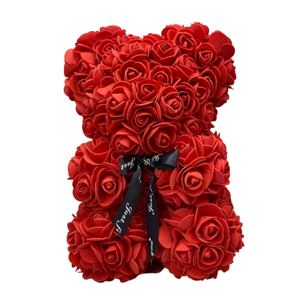 Ours em rosas da marca Bafind, figura de pelúcia vermelha, ideal para decoração ou presente, detalhes delicados e fofos