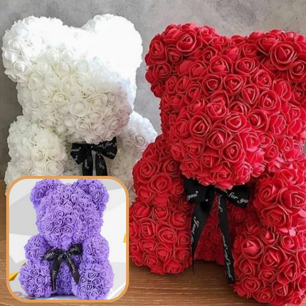 Ours de pelúcia vermelho com rosas, produto da marca Bafind, em formato de pelúcia, para colecionar ou decorar.