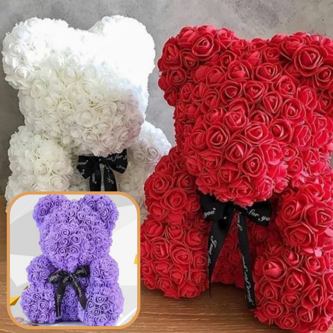 Ours de pelúcia vermelho com rosas, produto da marca Bafind, em formato de pelúcia, para colecionar ou decorar.