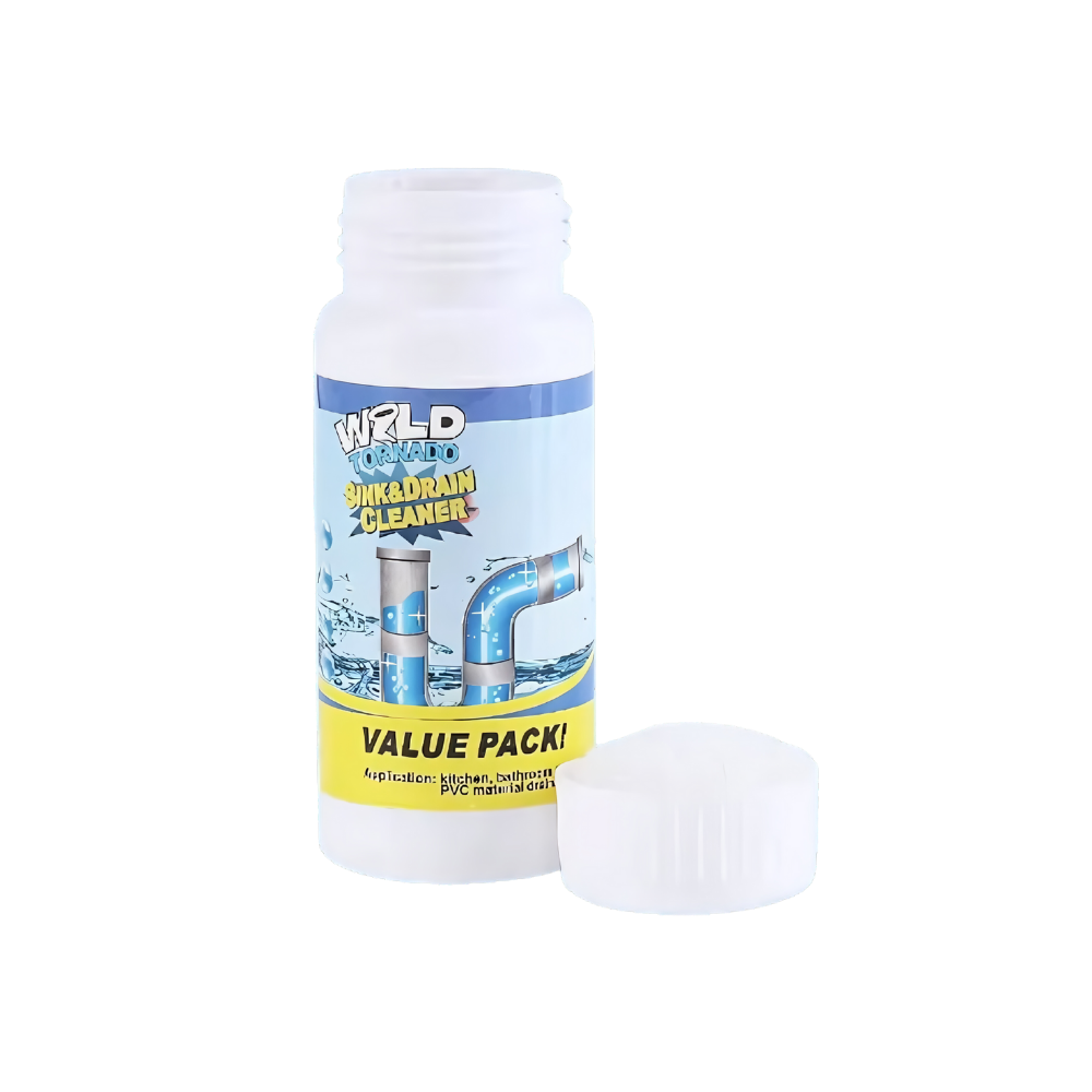 Produto químico Balems para limpeza rápida de ralos, embalagem com fluxo de produto visível.