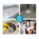 Produto químico Balems para limpeza rápida de ralos, apresenta embalagem e ralo limpo na imagem.