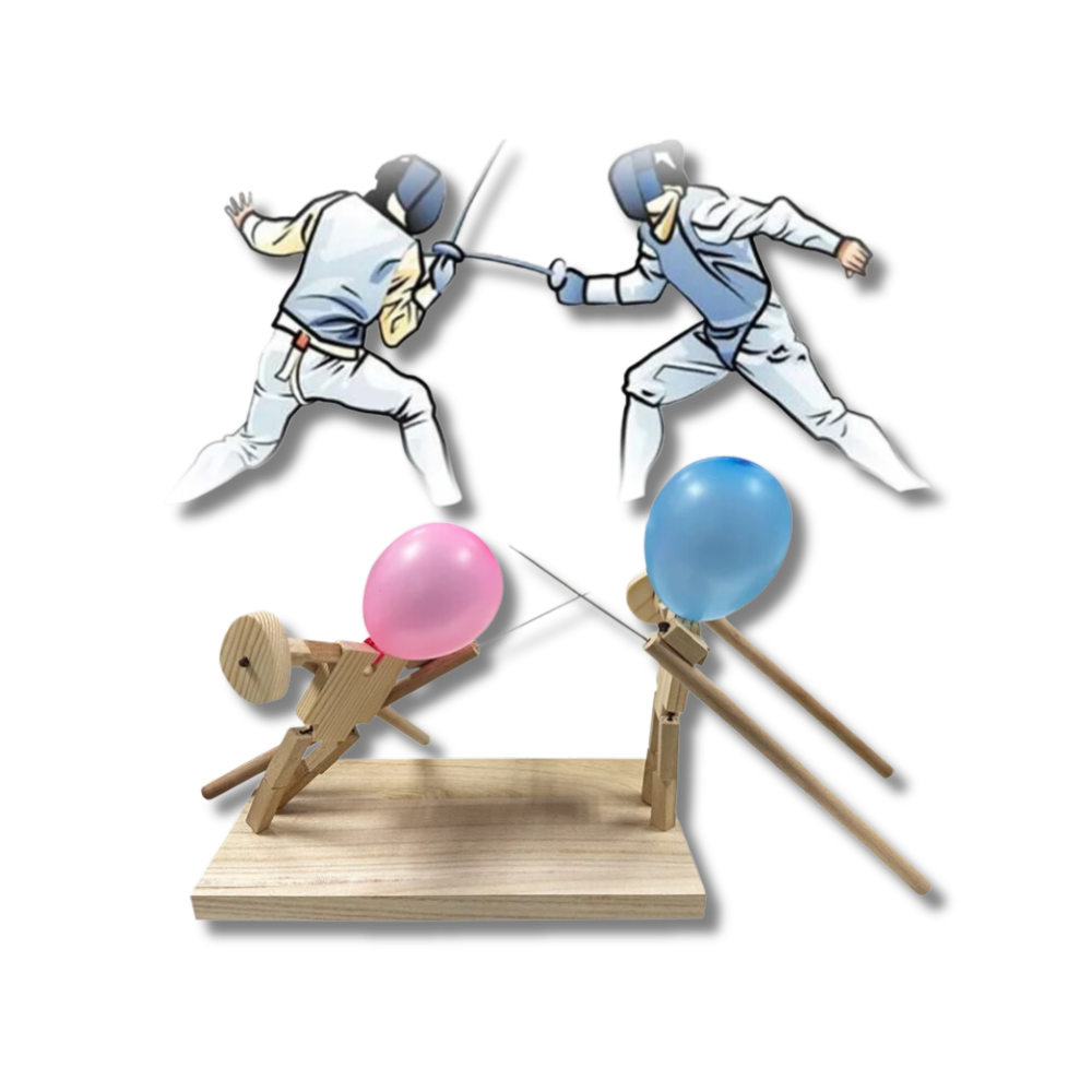 Jogo de esgrima com balões de bambu da Weisipu, incluindo bonecos de estratégia em um cenário divertido.