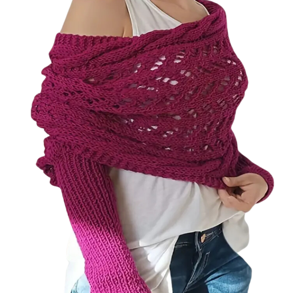 Chandail douillet em tricô com ombros descobertos, da marca Basico, em cor vermelha e rosa, para looks aconchegantes.