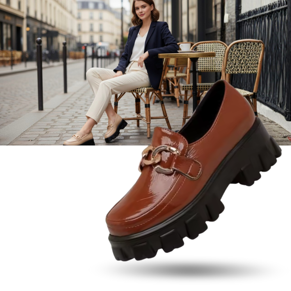 Mocassins em couro bege da Bcbgeneration com semelhas grossas, calçado elegante e confortável para mulheres.