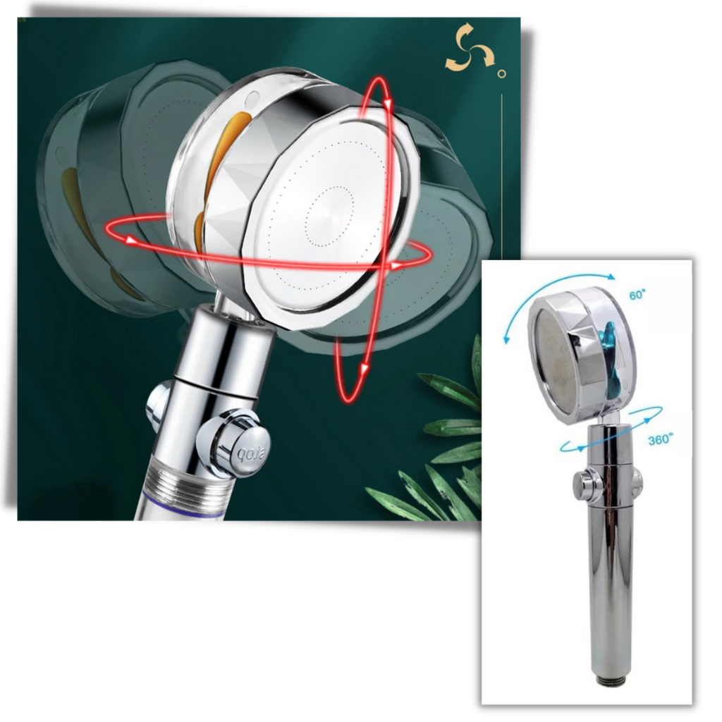 Pommeau de douche haute pression Beautygarde avec hélice rotative, pièce de plomberie en finition dorée.